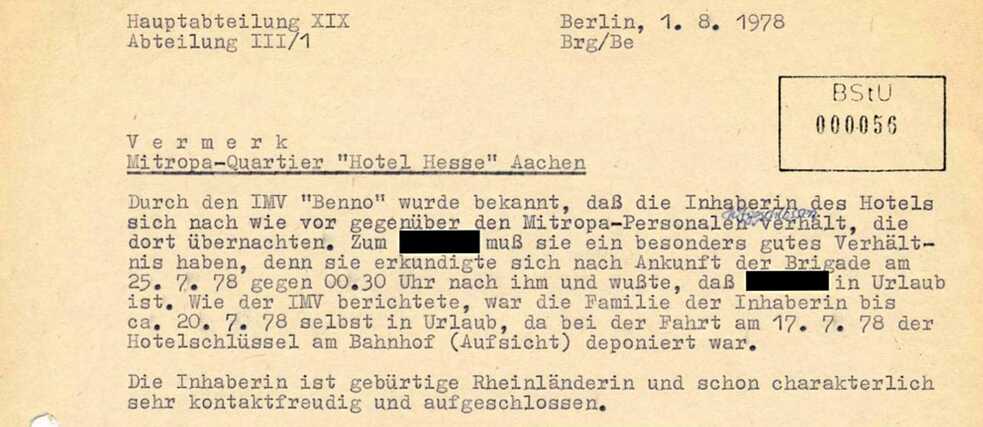 Stasi-Akte: Informationen des IMV "Benno" über das Hotel Hesse in Aachen (1.8. 1978)