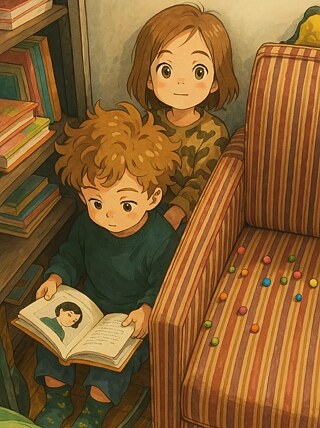 Two children are sitting on the floor next to a bookshelf filled with books. The child in front, with curly hair, is reading a book that features an illustration of a person. The child behind, with straight hair, is looking at the camera. To the right, there is a striped armchair with colorful candies scattered on its seat. The image has been filtered to resemble artwork drawn by Studio Ghibli artists.