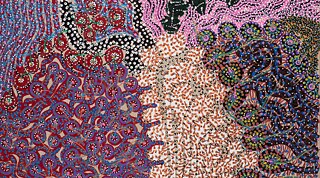 “Encontro da terra seca, água doce e água salgada”, 2024. Tinta acrílica e marcador permanente sobre linho cru. 