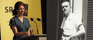 Claire de Oliveira am Mikrofon bei der Verleihung des Eugen-Helmlé-Übersetzerpreises. Sanary-sur-Mer. Thomas Mann, Porträt