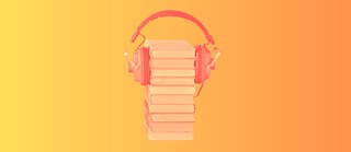 In der Mitte des gelb-orangen Farbverlaufs steht ein Bücherstapel, auf dem ein Mikrofon aufgesetzt ist. 