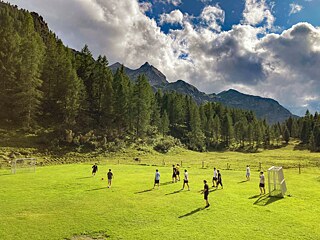 Jugendliche spielen Ball auf einer Wiese.