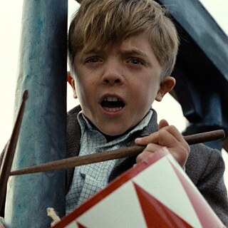 L’affiche très célèbre du film Le Tambour fait un gros plan sur le visage du jeune Oskar passant la tête entre les barreaux d’une rambarde, son tambour autour du cou et ses baguettes à la main. 