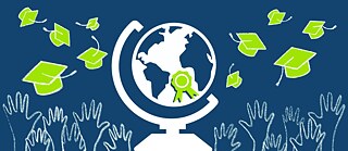 Icon of a globe with a seal and hands throwing graduation caps into the air