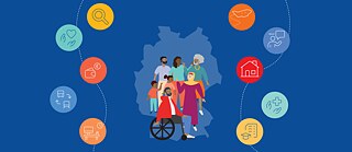 Illustration mit verschiedenen Symbolen aus der Arbeitswelt