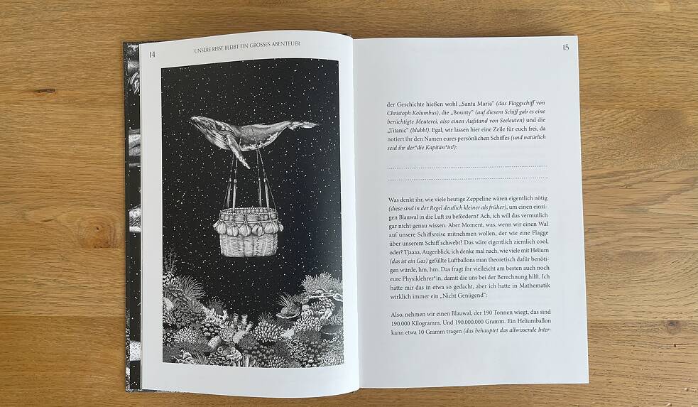 Ein Wal und der Korb eines Heißluftballons