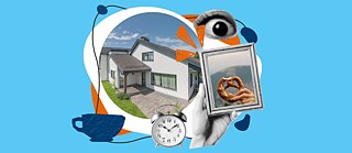 Blue background. In the centre is a collage of illustrations and images, including a house, a coffee cup, an eye, a pretzel and a clock, all inside a photo frame.