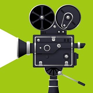 Zeichnung einer schwarzen Filmkamera auf hellgrünem Untergrund.