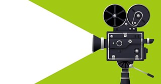 Zeichnung einer schwarzen Filmkamera auf hellgrünem Untergrund.