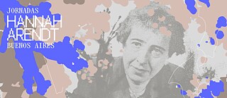 Plakat mit abstraktem Design in Beige-, Blau- und Grautönen. Links steht der Text ‚Hannah Arendt - Tage BUENOS AIRES‘. Im Hintergrund ist ein stilisiertes, teilweise verdecktes Porträt von Hannah Arendt zu sehen. Das Design wirkt modern und künstlerisch, mit geometrischen Formen und Mustern.