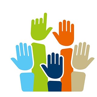 Drawing of five hands stretched upward. The first hand is light blue, the second green, the third dark blue, the fourth orange, and the fifth beige.