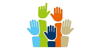 Drawing of five hands stretched upward. The first hand is light blue, the second green, the third dark blue, the fourth orange, and the fifth beige.