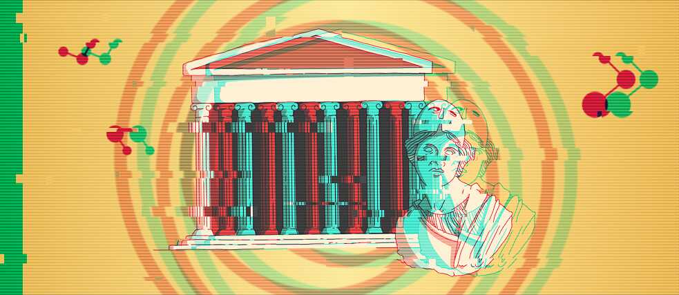 Eine Illustration, die eine griechische Büste und das Pantheon symbolhaft darstellt.