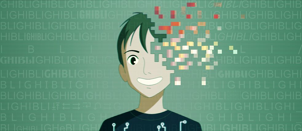 An illustration of a boy in Studio Ghibli style. The figure disintegrates halfway into individual pixels.