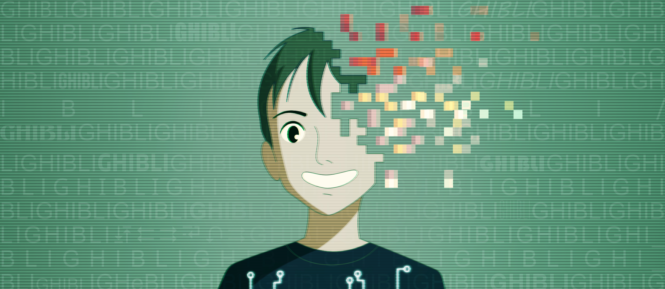 Eine Illustration eines Jungen im Studio-Ghibli-Stil. Die Figur zerfällt zur Hälfte in einzelne Pixel.