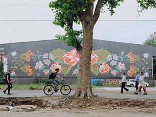 Ein Mural mit einer modernen Interpretation eines traditionellen moldauischen Teppichs vor der Baustelle mit Pflastersteinen aus dem 19. Jahrhhundert. Nicu Morozov war einer der beteiligten Grafiker.