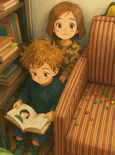 Two children are sitting on the floor next to a bookshelf filled with books. The child in front, with curly hair, is reading a book that features an illustration of a person. The child behind, with straight hair, is looking at the camera. To the right, there is a striped armchair with colorful candies scattered on its seat. The image has been filtered to resemble artwork drawn by Studio Ghibli artists.