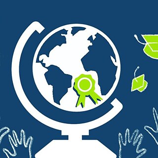 Ikone Globus mit Siegel und Hände, die Graduiertenhüte in die Höhe werfen