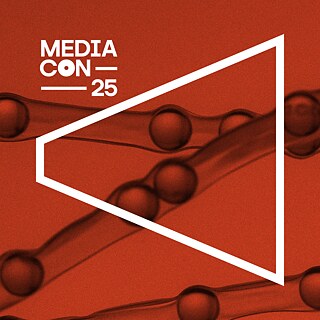 Verbundene Sphären auf rotem Hintergrund, die Netzwerke und Kommunikation in Wissenschaft und Journalismus darstellen.