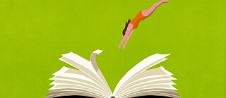 Illustration: Frau springt ins Buch wie ins Wasser