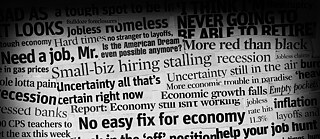 Collage von Zeitungsschlagzeilen zu wirtschaftlichen Problemen wie Arbeitslosigkeit, Studentenschulden und Wohnkrise.