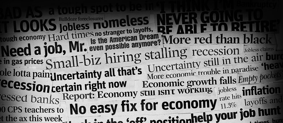 Collage of Newspaper Headlines on Economic Issues such as Unemployment, Student Debt, and the Housing Crisis.