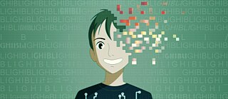 رسمٌ لطفلٍ بأسلوب جيبلي. يتفتت الشكل إلى نصفين إلى بكسلاتٍ منفصلة.