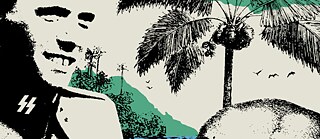 Capa do livro "Baviera Tropical" de Betina Aton, publicado pela editora Todavia. A imagem mostra, à esquerda, um homem em uniforme militar com o símbolo da SS no colarinho; à direita, um crânio humano. Ao fundo, uma paisagem tropical com palmeiras, montanhas verdes e um corpo d’água azul sob um céu amarelo.