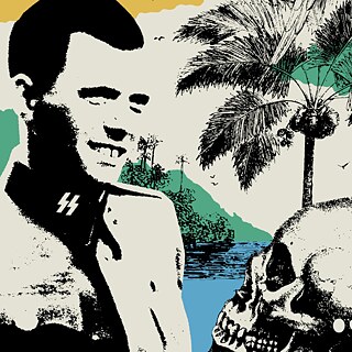 Capa do livro "Baviera Tropical" de Betina Aton, publicado pela editora Todavia. A imagem mostra, à esquerda, um homem em uniforme militar com o símbolo da SS no colarinho; à direita, um crânio humano. Ao fundo, uma paisagem tropical com palmeiras, montanhas verdes e um corpo d’água azul sob um céu amarelo.