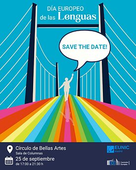 Eine Grafik mit einem Menschen der auf einem Regenbogen steht, die Farben des Regenbogens repräsentieren die Vielfalt Europas