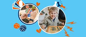 Eine Collage mit Bildern von Spieleelementen. Ein Foto von UNO-Karten und ein Foto eines kleinen Jungen, der sich beim Mensch-Ärgere-Dich-Nicht-Spielen ärgert.