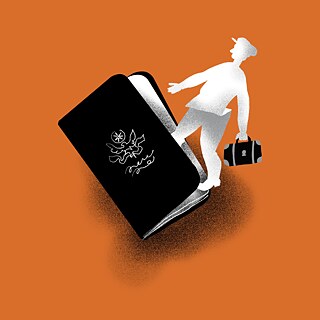 Фігура хлопця, що заходить у книжку з валізою