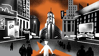 Фугура злопця з валізою посеред Таймс Сквер. Ілюстрація