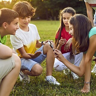 Eine Gruppe von Kindern hat Spaß im Biologieunterricht im Freien.