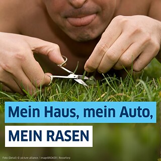Ein Mann schneidet Gras mit einer Nagelschere. Text auf Bild: Mein Haus, mein Auto, mein Rasen.