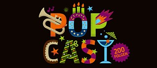 Graphic: The word 'Popcast' on beige background. 