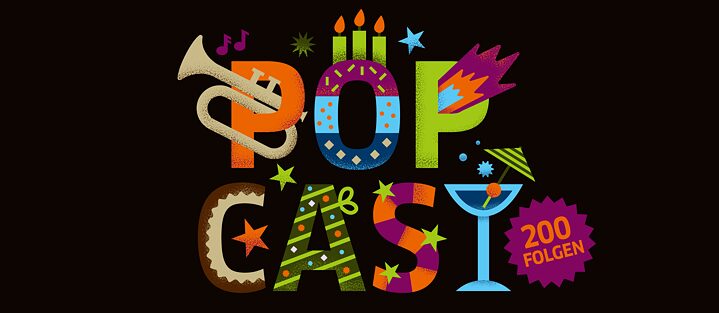 Graphic: The word 'Popcast' on beige background. 