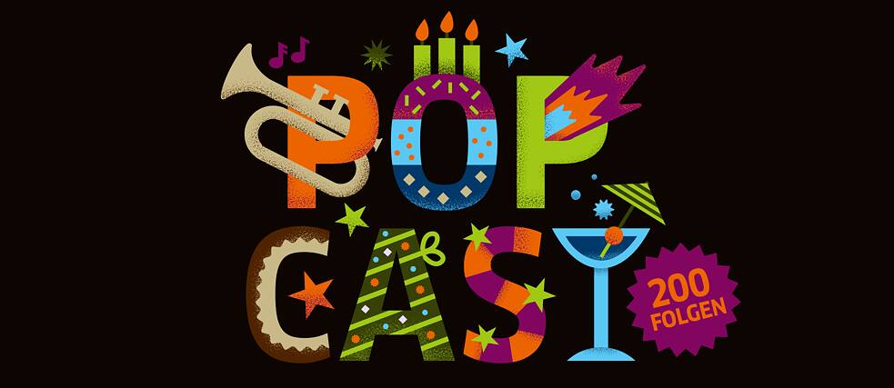 Graphic: The word 'Popcast' on beige background. 