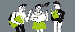 3 Personen lesen konzentriert, aber freudig