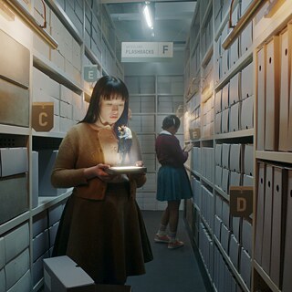 A young woman is standing between archiv shelfs and looks at a small apparition of a couple dancing