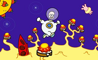 Eine Illustration eines Kindes im Weltall mit Astronautenanzug. Überall sind Brote mit Erdbeermarmelade und Honig. 