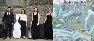 Four musicians stand in a row with their instruments (1). Album Cover by Susie Ibarra: Arneis Quartet / Album Cover Susie Ibarra: "Parallels and Confluence" (2)
