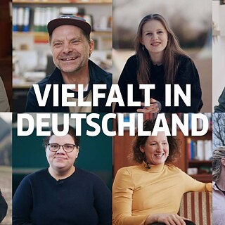 verschiedene Menschen sind auf einer Collage von Fotos zu sehen. Auf dem Bild steht „Vielfalt in Deutschland“
