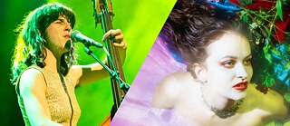 Links mit Kontrabass die Künstlerin Louise Knobil, rechts von Blumen umgeben die Künstlerin Maika Küster.