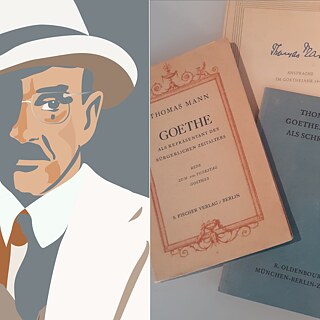 Grafik mit Porträt von Thomas Mann links auf grauem Hintergrund und ausgestellte Bücher