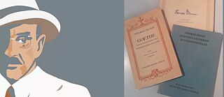 Grafik mit Porträt von Thomas Mann links auf grauem Hintergrund und ausgestellte Bücher
