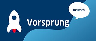Text Vorsprungprogramm on a blue background with a rocket and speechbubble "Deutsch"