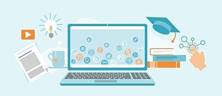 Ein Laptop mit verschiedenen Fächer-Icons auf dem Bildschirm steht im Mittelpunkt, daneben Bücher, ein Textdokument, eine Tasse, eine Glühbirne, ein Videoplay-Icon und ein Doktorhut. 