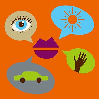 The illustration shows a mouth surrounded by four speech bubbles.