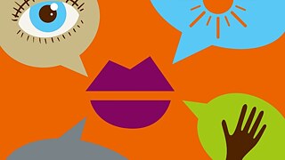 The illustration shows a mouth surrounded by four speech bubbles.